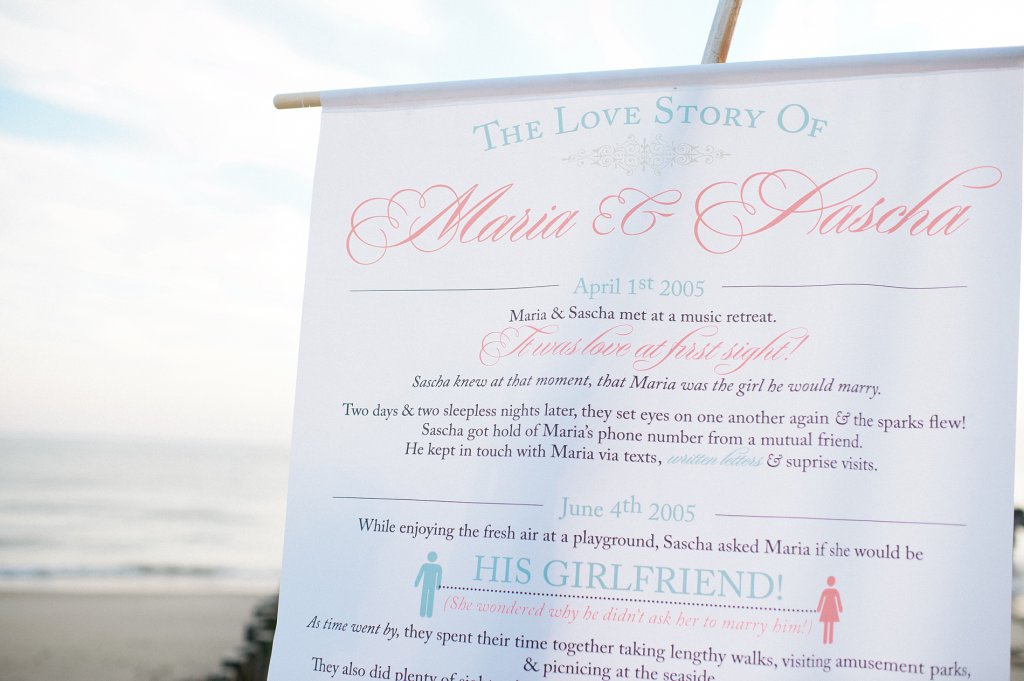 Photo Banner mit der Geschichte des Paares, am Strand aufgestellt.